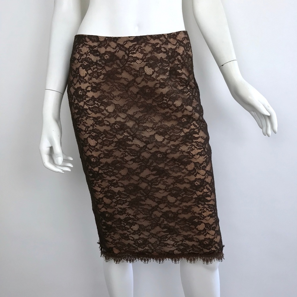{Rebecca Taylor} Brown Lace Pencil Skirt